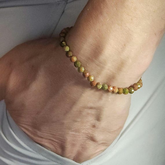 Unakite Jasper Beaded Minimalist Stretch Bracelet | 4mm Faceted Genuine Natural Gemstone | Handmade to Order