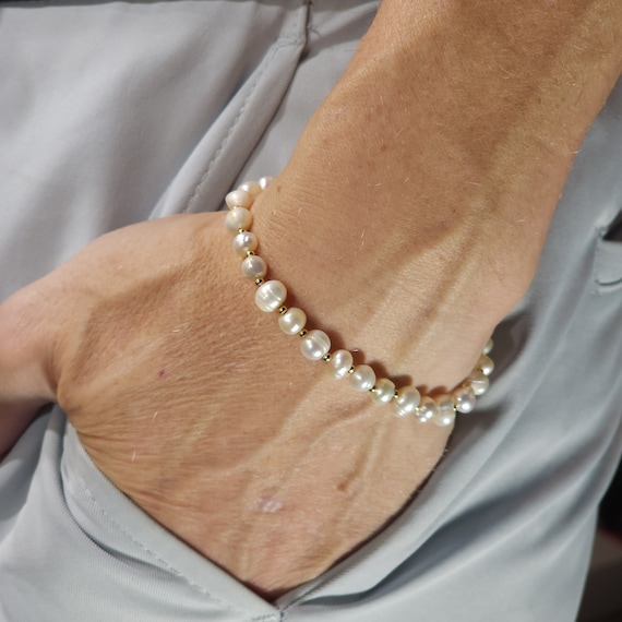 Freshwater Pearl Beaded Minimalist Stretch Bracelet with 24k Gold | 4mm-6mm Genuine Natural Gemstone | Handmade to Order