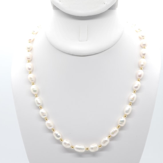 2A White Pearl Beaded Necklace with 24k Gold | 17" Genuine Natural Gemstone
