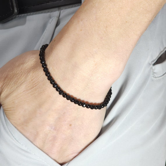 Black Tourmaline Beaded Minimalist Stretch Bracelet with Black Steel | 4mm Faceted Genuine Natural Gemstone | Handmade to Order