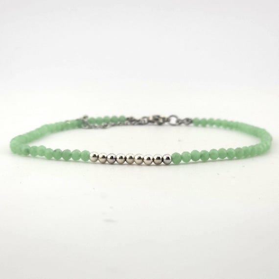 Jadeite Beaded Minimalist Anklet with Silver | Adjustable | 3mm Genuine Natural Gemstone | Handmade to Order | Hypoallergenic Optional