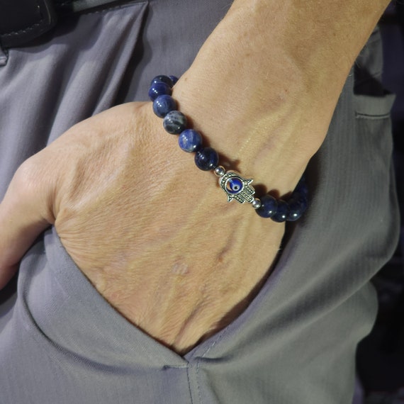 Sodalite Evil Eye Stretch Bracelet | 8 mm Genuine Natural Gemstone | Handmade to Order