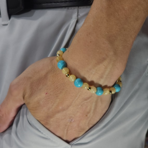 Yellow Calcite & Turquoise Stretch Bracelet with 24k Gold | 8mm/6mm Genuine Natural Gemstone | Handmade to Order