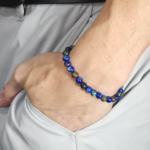 Kyanite & Azurite Beaded Semi-Minimalist Stretch Bracelet | 6mm Genuine Natural Gemstone | Handmade to Order