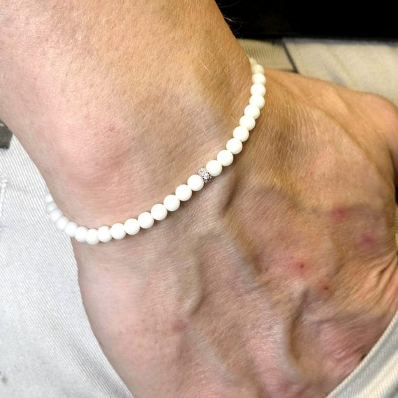 White Handmade Beaded Minimalist Glow Bracelet | 4mm | Round Luminous Stone/Glass