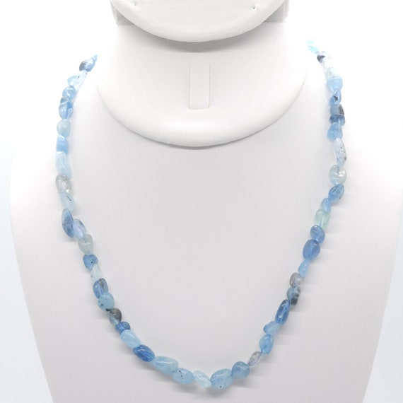 Dark Blue Aquamarine Beaded Necklace | Handmade | 17" Genuine Natural Gemstone