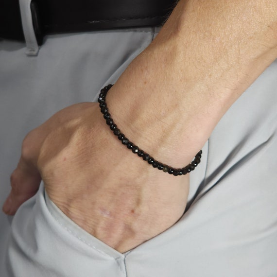 Golden Obsidian Beaded Minimalist Stretch Bracelet with Black Steel | 4mm Faceted Genuine Natural Gemstone | Handmade to Order