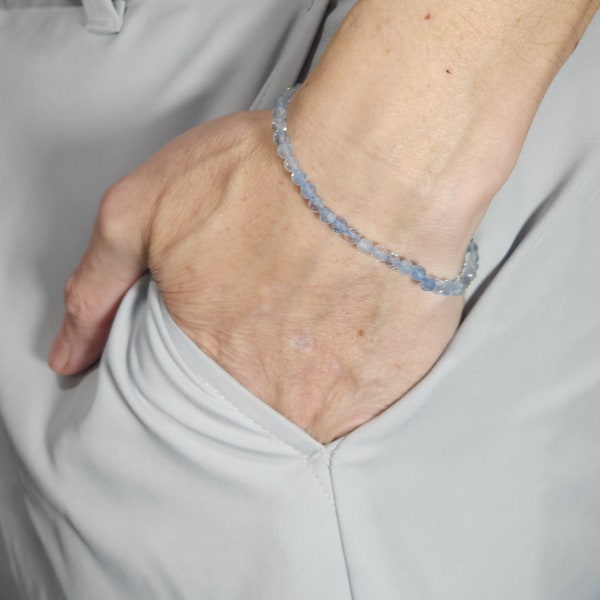 Aquamarine Beaded Minimalist Stretch Bracelet | 4mm Faceted Genuine Natural Gemstone | Handmade to Order