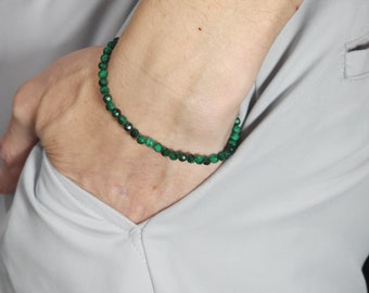 Malachite Beaded Minimalist Stretch Bracelet | 4mm Faceted Genuine Natural Gemstone | Handmade to Order