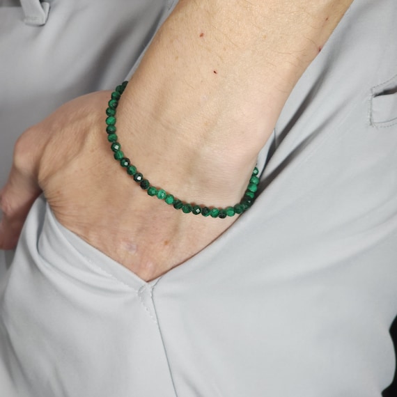 Malachite Beaded Minimalist Stretch Bracelet | 4mm Faceted Genuine Natural Gemstone | Handmade to Order