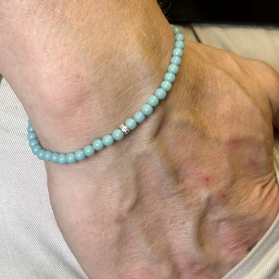 Teal Handmade Beaded Minimalist Glow Bracelet | 4mm | Round Luminous Stone/Glass