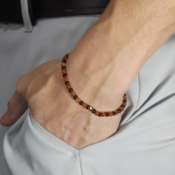 Red Agate Beaded Minimalist Stretch Bracelet with Black Steel | 4mm Faceted Genuine Natural Gemstone | Handmade to Order