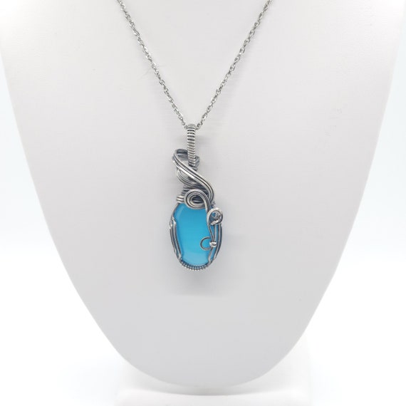 Blue Monalisa Pendant Necklace | Hand Wrapped | Made in Argentium Silver