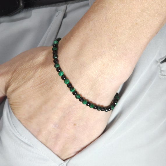 Malachite Beaded Minimalist Stretch Bracelet with Black Stainless Steel | 4mm Faceted Genuine Natural Gemstone | Handmade to Order