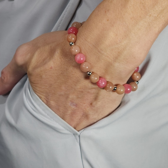 Orange Peach Sunstone Stretch Bracelet with Rhodochrosite & Platinum | 8mm Genuine Natural Gemstone | Handmade to Order
