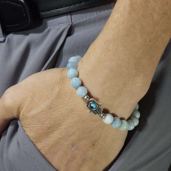 Aquamarine Evil Eye Stretch Bracelet | Genuine Natural Gemstone | Handmade to Order