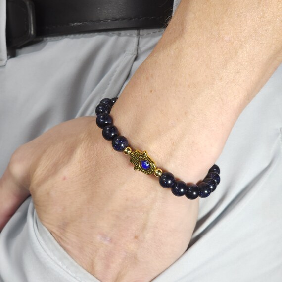 Blue Sandstone Evil Eye Stretch Bracelet | Genuine Natural Gemstone | Handmade to Order