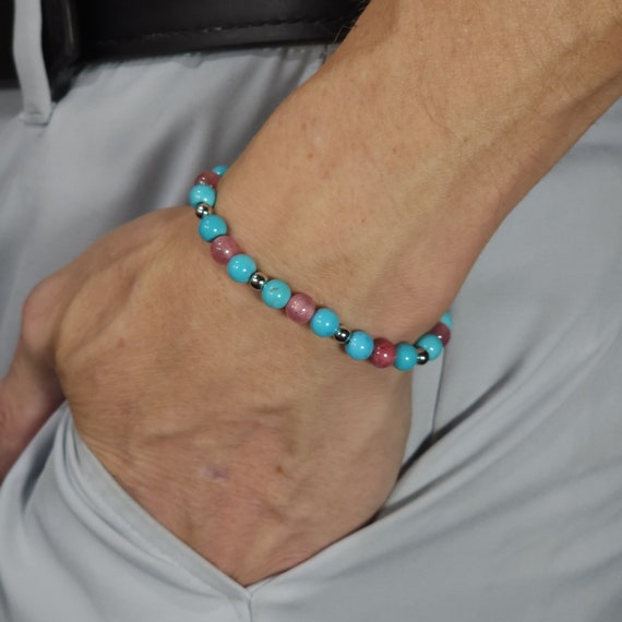 Turquoise Beaded Semi-Minimalist Stretch Bracelet with Red Persian Chalcedony & Platinum | 6mm Genuine Natural Gemstone | Handmade to Order