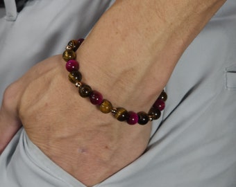 Pink & Gold Tiger's Eye Stertch Bracelet with Rose Gold | 8mm Genuine Natural Gemstone | Handmade to Order