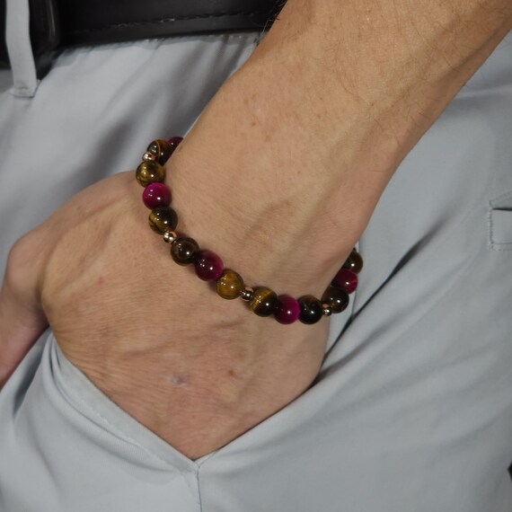 Pink & Gold Tiger's Eye Stertch Bracelet with Rose Gold | 8mm Genuine Natural Gemstone | Handmade to Order