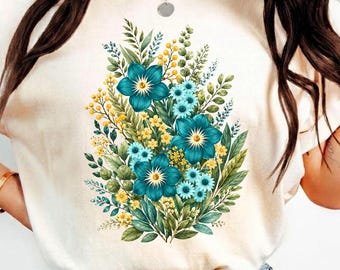 Teal Wildflower Botanical Shirt, Watercolor Floral Cottagecore Tee