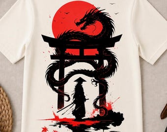 Japanese Dragon Samurai T-Shirt, White Streetwear Graphic Tee, Japan Inspired Art