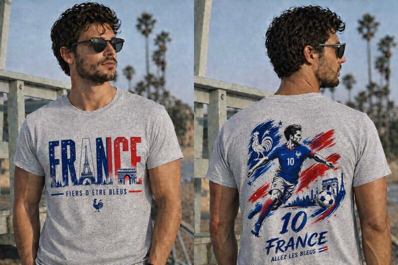 May include: Gray t-shirt with "FRANCE" in blue and red, Eiffel Tower graphic, and "FIERS D'&Ecirc;TRE BLEUS" text. The back features a soccer player in blue, the number 10, and "FRANCE" with "ALLEZ LES BLEUS" text. A rooster and soccer ball are also visible.