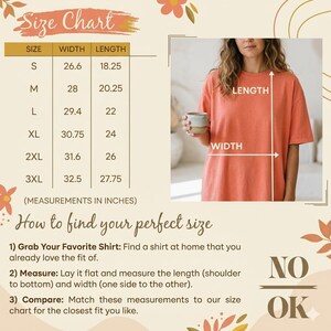 May include: A size chart with measurements in inches for t-shirts, including width and length for sizes S to 3XL. The image also shows a person wearing a coral-colored t-shirt and instructions on how to find the perfect size.