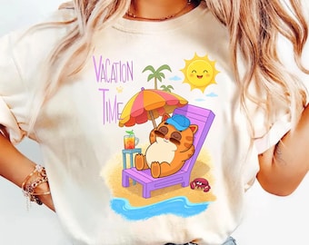 Relaxed Cat Beach Shirt, Vacation Time Summer Tee, Pastel Kawaii T-Shirt
