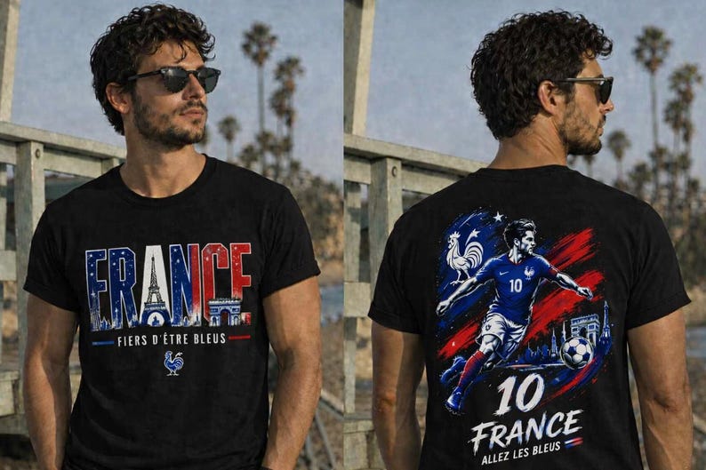 May include: Black t-shirt with "FRANCE" in red, white, and blue, featuring the Eiffel Tower and Arc de Triomphe. The back displays a soccer player in a blue uniform with the number 10, a soccer ball, and the text "FRANCE".