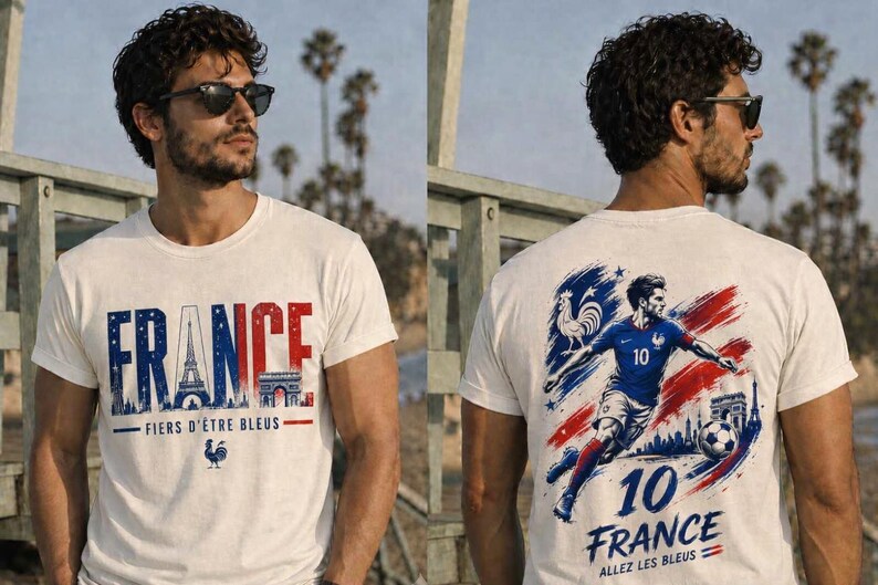 May include: White t-shirt with the word "FRANCE" in red and blue, featuring the Eiffel Tower and Arc de Triomphe. The front of the shirt also has the text "FIERS D'&Ecirc;TRE BLEUS" and a rooster. The back displays a soccer player and the text "10 FRANCE ALLEZ LES BLEUS".
