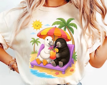Funny Animal Beach Vacation Shirt, Cute Duck and Mole T-Shirt, Summer Vibe Cocktail Tee