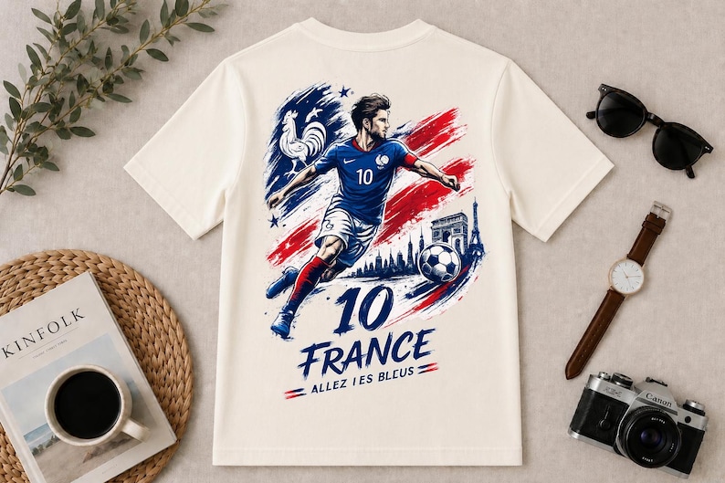 May include: Cream-colored t-shirt featuring a graphic of a soccer player in a blue uniform with the number 10, set against a backdrop of the French flag colors. The shirt includes the text "FRANCE" and "ALLEZ LES BLEUS".