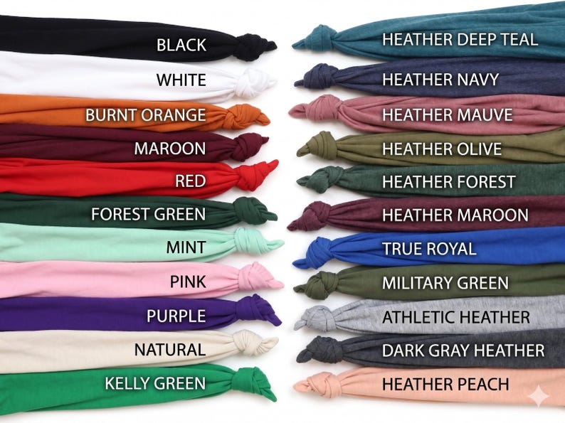 May include: A color chart displaying various fabric colors. Colors include black, white, burnt orange, maroon, red, forest green, mint, pink, purple, natural, and kelly green. Additional colors are heather deep teal, heather navy, heather mauve, heather olive, heather forest, heather maroon, true royal, military green, athletic heather, dark gray heather, and heather peach.