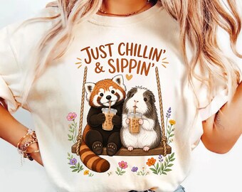 Red Panda Guinea Pig Chillin Sippin Coffee Graphic Tee, Whimsical Animal Shirt