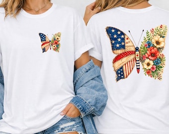 Patriotic Butterfly Shirt, American Flag Floral Tee, Vintage USA Independence Day T-Shirt