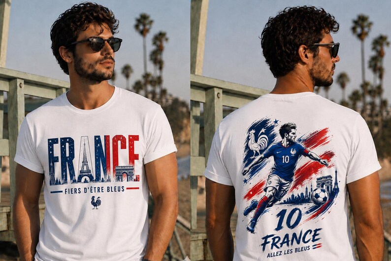 May include: White t-shirt with the word "FRANCE" in blue and red, featuring the Eiffel Tower and Arc de Triomphe. The shirt also has the text "FIERS D'&Ecirc;TRE BLEUS" and a rooster graphic. The back of the shirt has a soccer player graphic.
