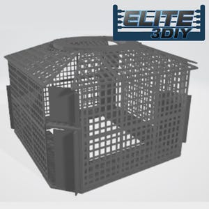 May include: A gray, cube-shaped cage with a square grid pattern. The cage has a hinged door on one side and a removable top.