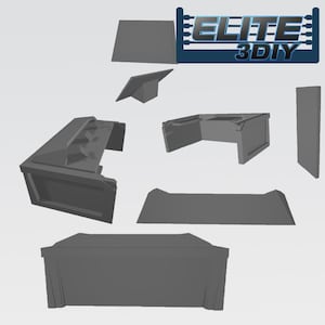 Può includere: Un set di pezzi di modello stampati in 3D di colore grigio per un edificio o una struttura futuristica. I pezzi sono progettati per essere assemblati per creare un modello unico e dettagliato.