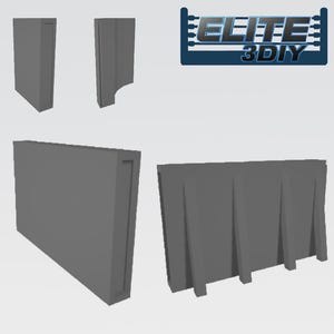 May include: Four gray plastic wall sections for a model building or miniature set. The sections are different sizes and shapes, with some having a flat surface and others having a more detailed design.