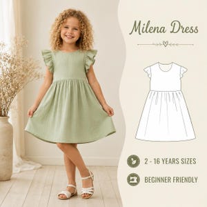 Puede incluir: Un vestido verde salvia con mangas de volantes y falda fruncida. La imagen incluye un dibujo lineal del Milena Dress, el texto Milena Dress, 2-16 YEARS SIZES, BEGINNER FRIENDLY, junto con iconos de una hoja y una máquina de coser.