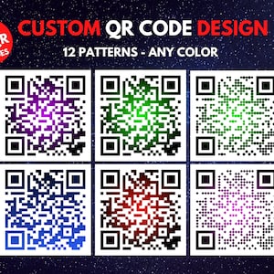 Könnte beinhalten: Sechs verschiedene QR-Code-Designs mit 12 Mustern und jeder Farbe. Die QR-Codes werden auf einem dunkelblauen Hintergrund mit weißen Sternen angezeigt. Der Text "CUSTOM QR CODE DESIGN" und "12 PATTERNS - ANY COLOR" wird über den QR-Codes angezeigt. Der Text "4QR CODES" wird in einem roten Kreis in der oberen linken Ecke des Bildes angezeigt.