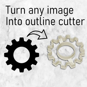 Könnte beinhalten: Eine schwarze Zahnradform wird in einen weißen Plastik-Ausstecher in Form eines Zahnrads umgewandelt. Der Text "Turn any image into outline cutter" befindet sich oben im Bild.