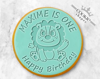 Sello y cortador de galletas de cumpleaños de león personalizados / Nombre y edad personalizados