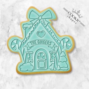 Custom Large Ginger House Cookie Stamp and Cookie Cutter with Ribbon and Personalized Family Name