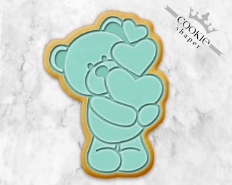 Teddy Bear Hearts Cookie Cutter and Cookie Stamp, Embosser Biscuit Stamp