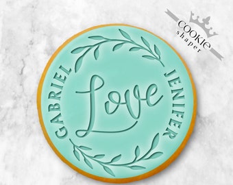 Custom Cookie Stamp Embosser Wedding | Love with Leaves and Personalized Names