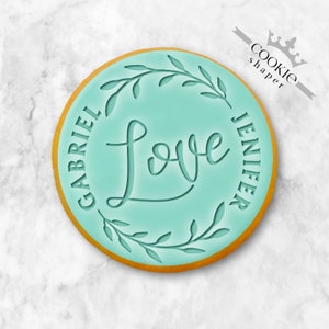 Custom Cookie Stamp Embosser Wedding | Love with Leaves and Personalized Names