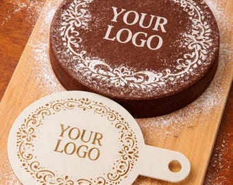 Personalisierte Kuchen Schablone | Personalisierte Logo-Torte |  Kakao Logo Dessert | Bäckerei Branding-Tool für Powered Sugar oder Schokolade.