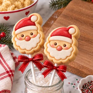 May include: Two Santa Claus shaped sugar cookies on white sticks, each decorated with a red hat, white beard, and pink cheeks. A small red ribbon with white stitching is tied around each stick. The cookies are displayed in a glass jar.
